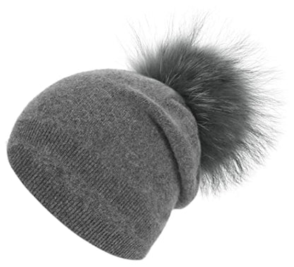 Women's Double Layer Winter Slouchy Knit Beanie Hat with Real Fur Pom Pom - color: Darkgrey Pom