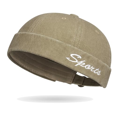 Sailor Brimless Skull Hat, Washed Cotton Docker Hat for Men Vintage - color: B-khaki