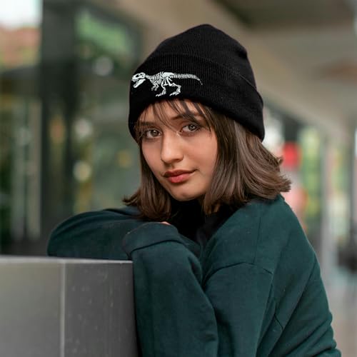 Black Beanie Hat for Men Women Embroidered Knit Winter Beanies Cap - color: Dinosaur