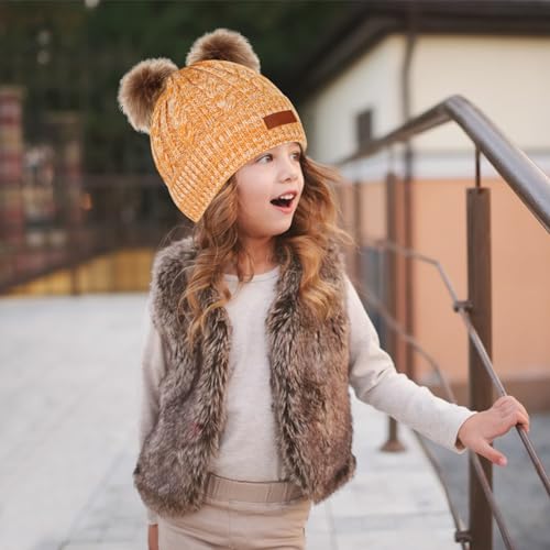 Kids Winter Beanie Hat Scarf Gloves Set,Toddlers Knit Winter Warm Double Pompom Cap Scarf Gloves for Girls Boys 1-5 Years Old - color: Yellow Mix