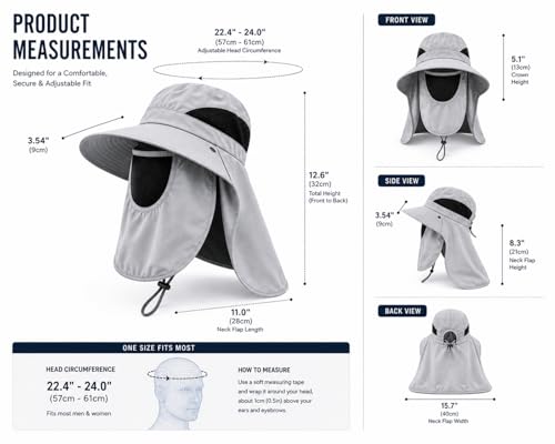 Sun Hat with Neck Flap and Face Cover, Wide Brim Fishing Hat with Mesh Ventilation, UPF 50+ UV Protection - color: Light Grey