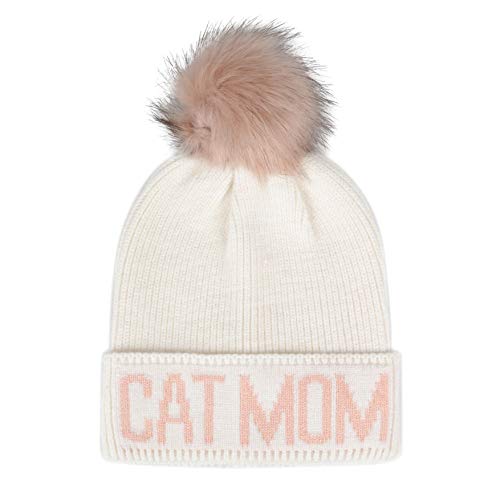 Cat Mom Cat Dad Beanie Collection – Jacquard Pom Pom Hats & Double-Layer Embroidered Beanies for Pet Lovers - color: White Hat Pink Cat Mom