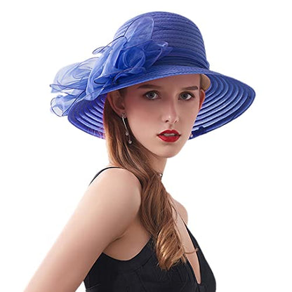 Haoohu Women's Church Derby Hat Wide Brim Bow Bucket Hat Wedding Dress Hat Fascinator Bridal Tea Party Hat - color: Blue