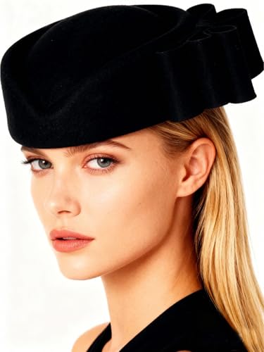 HIMESPORT Wool Felt Bowler Fascinators Hats for Women Ladies Female Elegant Wedding Tea Party Beret Hat with Bowknot - color: Black 1
