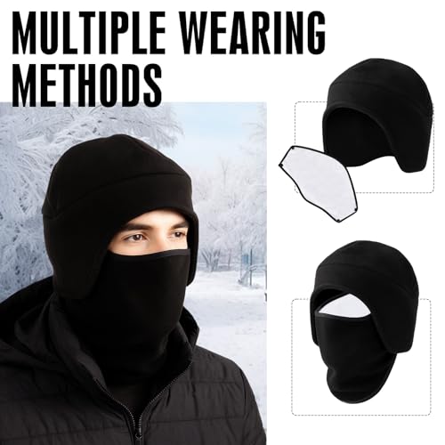 2 in 1 Winter Hat Winter Face Mask Hat with Ear Flaps Ski Mask Beanie for Cold Weather Gear Skiing Snowboarding - color: Black