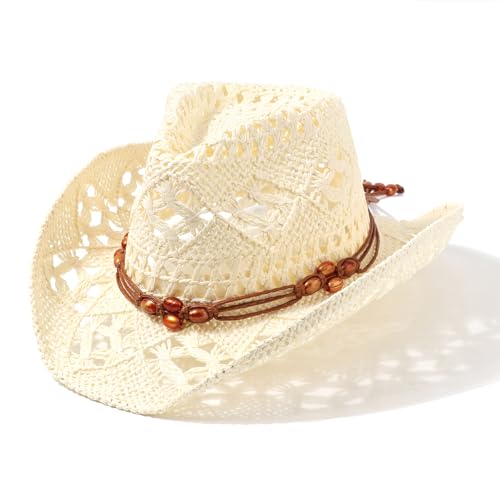 AQOKKA Straw Cowboy Hats for Women Men Western Cowgirl Hats with Shapeable Brim Woven Hollow Out Unisex Beach Roll Up Caps - color: Brown Beads Cowboy Hat : Ivory White