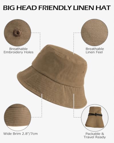 Zylioo XXL Linen Bucket Hat for Big Heads, Summer Travel Sun Hat - color: Coffee, size: X-Large-XX-Large