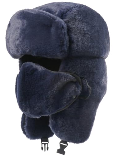 Ushanka Winter Trapper Hat Men Women Faux Rabbit Fur Russian Aviator Hat with Ear Flaps Face Mask Warm Cold Weather - color: Navy