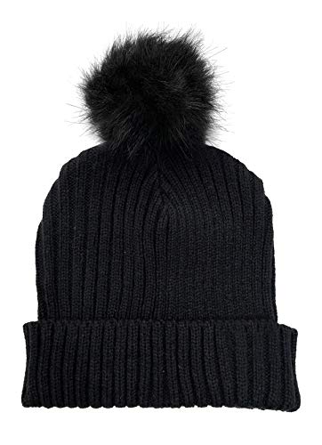 Women's Slouchy Winter Beanie Hat with Removable Faux Fur Pom - color: Black/Black Pom