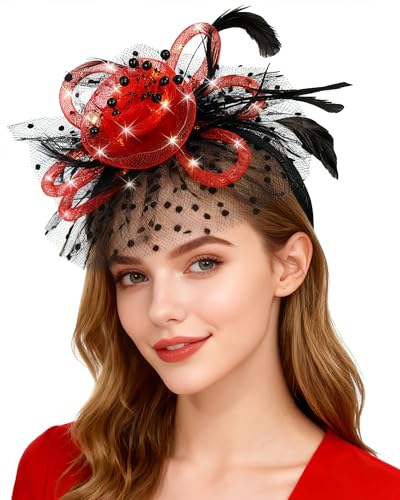 Women Fascinator Hats LED Light Up Headband for Tea Party Halloween Night Headwear Christmas Mardi Gras - color: Black Red