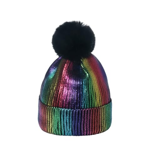 Metallic Winter Cable Knit Beanie Hat Cap Warm Soft Skull Caps with Furry Fur Pom Pom - color: Colorful