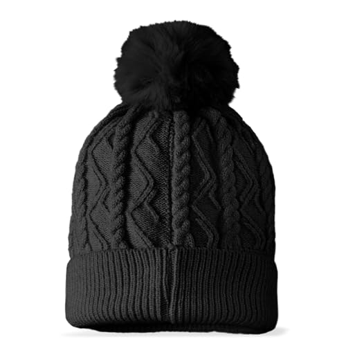 DALIX Cable Knit Pom Beanie Soft Stretch Skully Warm Fuzzy Faux Sherpa Winter Ski Beanie - color: Black