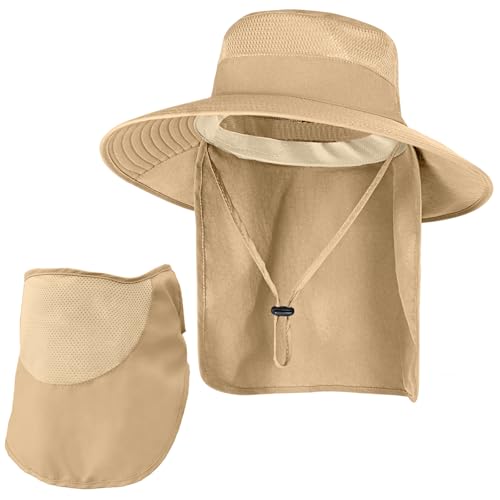 ZOORON Sun Hats for Men Women with Neck Flap Fishing UPF 50+ UV Protection - color: Khaki (With Face Cover)