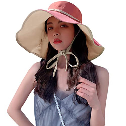 HUAMULAN Women Summer Vacation Wide Brim Sun Hat Reversible Fishing Hats - color: M0004-hongse