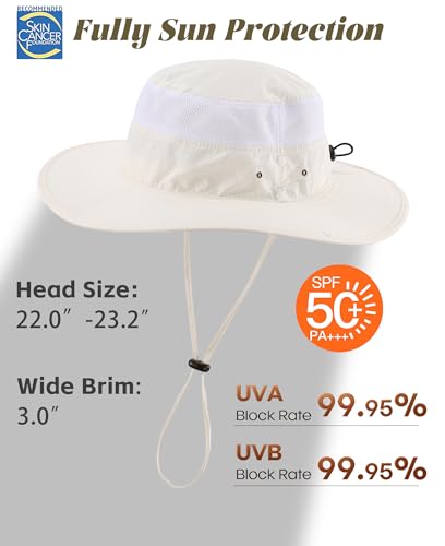 Connectyle UPF 50+ Wide Brim Sun Hat for Men Breathable Cowboy Boonie Hats Outdoor Bucket Hat for Fishing Hiking Safari - color: Ivory