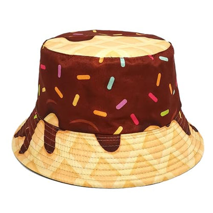 Printed Bucket Hat - Reversible Packable Summer Travel Beach Sun Cap for Men Women Teens - color: Chocolate Ice Cream