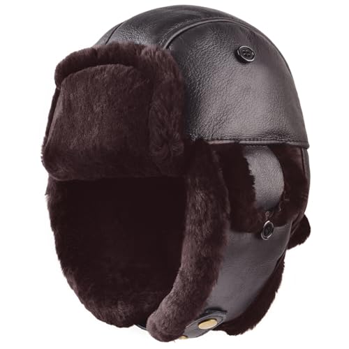 Harssidanzar Aviator Hat for Men Women Genuine Sheepskin Shearling Leather Winter Warm Trapper Hat CU603US - color: Bright Brown, size: X-Large