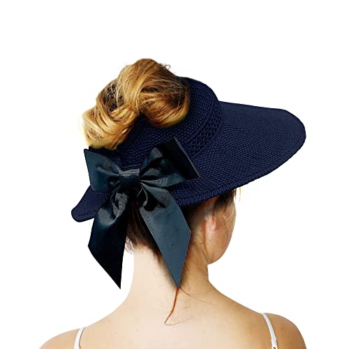 Straw Sun Visor for Women, Wide Brim UPF 50+ Protection Beach Hat, Adjustable, Roll Up Foldable Ponytail Cap with Chin Strap - color: A Navy