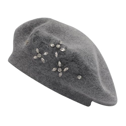 ZLYC Women French Beret Hat Reversible Solid Color Mosaic Warm Artist Cap - color: Embroidered Flower Vine Gray