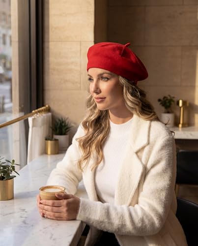 Women's Knitted Beret, French Style Double Layer Winter Autumn Warm and Soft Beanie Hat Cap - color: Red