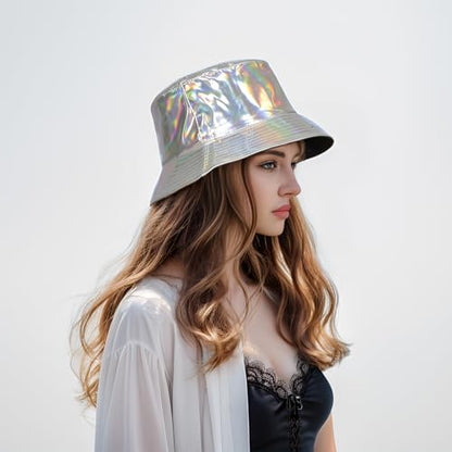 MILAKOO Rave Hologram Metallic Bucket Hat Reversible Cap Reflective Waterproof Rain Fisherman Hat - color: B: Silver
