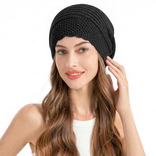 ZLYC Crochet Slouchy Beanie for Women Soft Lightweight Skull Cap - color: Plain Black