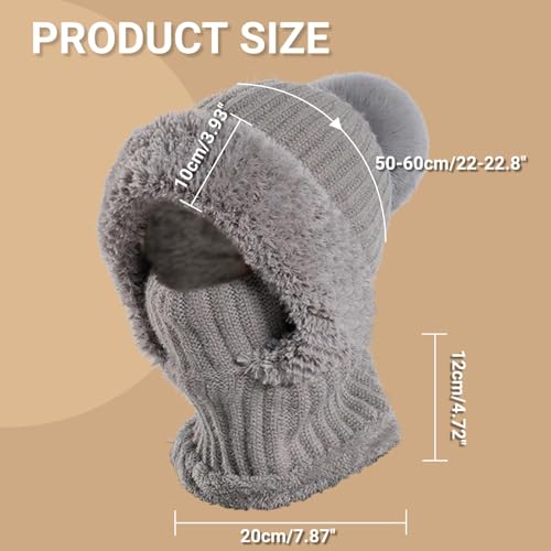Women’s Knitted Beanie Hat with Face Cover - 3 in 1 Winter Balaclava with Mask Scarf Ear Muffs Pompom Fleece Lined Snow Caps - color: Brown-a