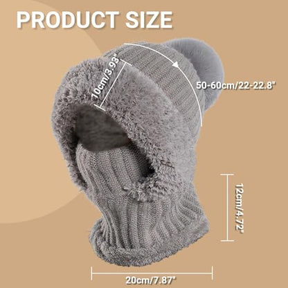Women’s Knitted Beanie Hat with Face Cover - 3 in 1 Winter Balaclava with Mask Scarf Ear Muffs Pompom Fleece Lined Snow Caps - color: Brown-a