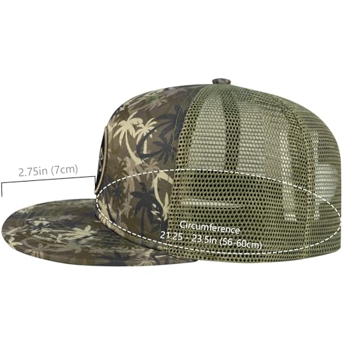 BASSDASH Flat Brim Trucker Cap Adjustable Snapback Hat Mesh Back for Men Women - color: Palm Tree Camo