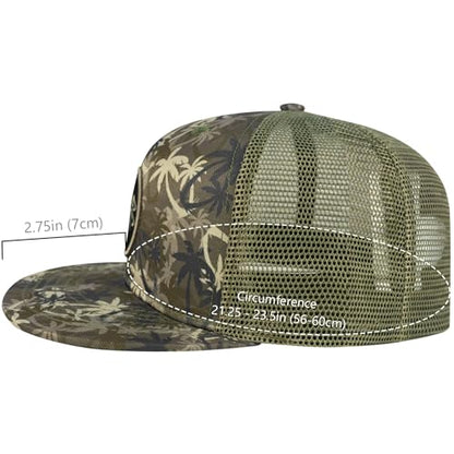 BASSDASH Flat Brim Trucker Cap Adjustable Snapback Hat Mesh Back for Men Women - color: Palm Tree Camo