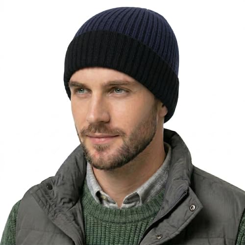 ZLYC Men Winter Knit Fisherman Beanie Hat Fashion Warm Daily Skull Cap - color: Cuffed Black and Navy