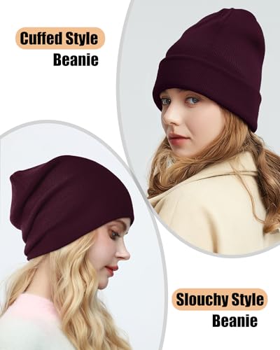 ROYBENS Satin Lined Beanie Hat for Women Men, Wool Knit Cuffed Winter Hats - color: 1pcs Wine Red