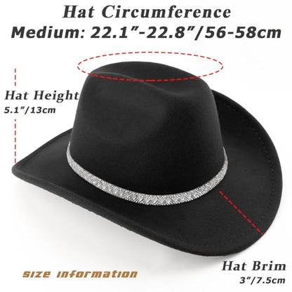 DRESHOW Western Cowboy Hat for Women and Men Wide Brim Glitter Cowboy Cowgirl Hat with Rhinestone Felt Fedora Hats - color: 1 Pack Style 10: Black