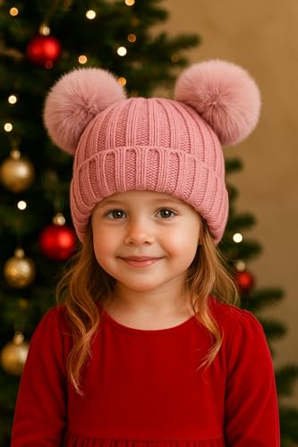 Toddler Winter Knit Hat Upgrade Fleece Lined Pompom Ears Beanies Cap for Boys Girls 3-12 Years - color: Dark Pink