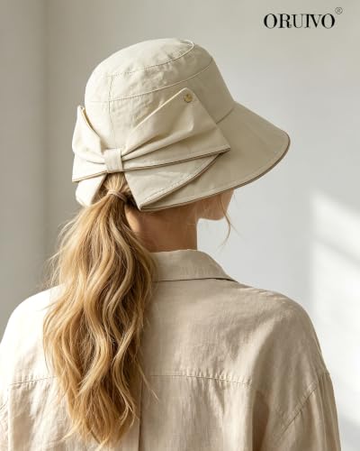 Women's Foldable Wide Brim Bowknot Bucket Hat Sun Protective - color: Off-white