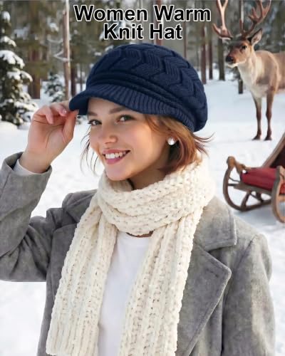 Loritta Womens Winter Beanie Hats, Thick Warm Beanie with Visor Brim - color: Navy Blue