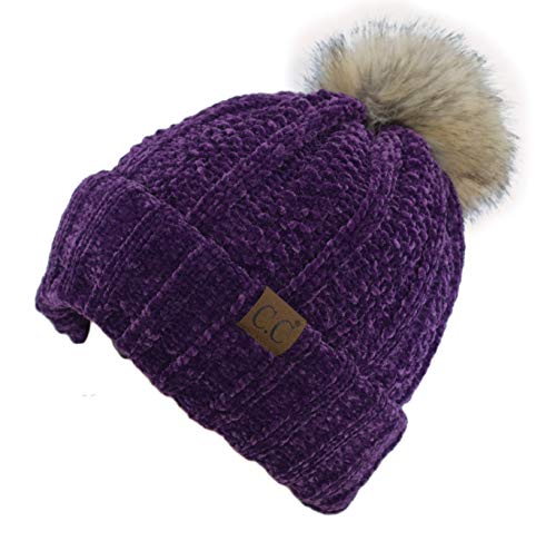 C.C Thick Cable Knit Faux Fuzzy Fur Pom Fleece Lined Skull Cap Cuff Beanie - color: Chenille Purple