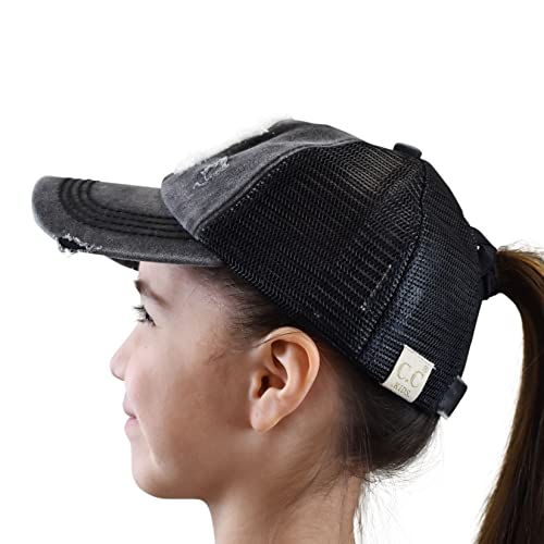 C.C. Childrens' Kids' Girls' Criss Cross High Bun Adjustable Mesh Trucker Baseball Cap - color: Bee Happy, Black
