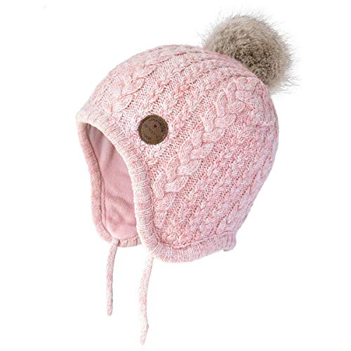 Toddler Baby Boys Girls Winter Hat Kids Ear Flap Warm Fleece Lined Knit Beanie Fur Pom Hat - color: Pink With Faux Fur Pompom, size: 6-24 Months