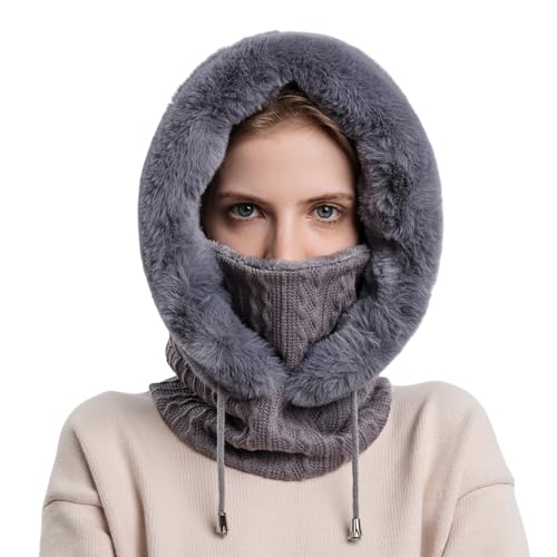 Womens Winter Hats, Warm Hooded Scarf Hat for Women, Fleece Beanie Hat with Drawstring, Balaclava Knit Skull Cap - color: Grey