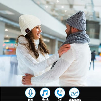Wireless Music Hat Men Women Beanie Girls Hat Over Ear Headset Sports Stereo Headphone with Microphone Speaker Womens Beanie Cap - color: Knit White