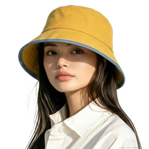 Summer Bucket Hat for Woman Men Cotton Wide Brim Sun Hat - color: Yellow