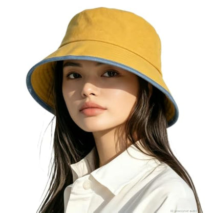 Summer Bucket Hat for Woman Men Cotton Wide Brim Sun Hat - color: Yellow