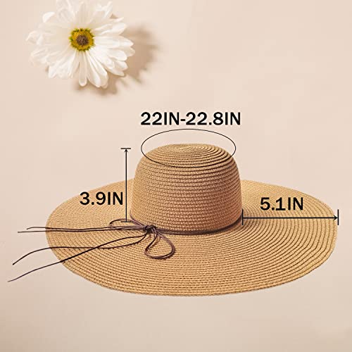 Floppy Big Beach Straw Hats for Women Foldable Summer Wide Brim Packable Sun Hat Womens Travel Straw Fedora Hat - color: Khaki-1