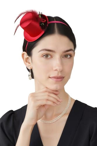 BABEYOND Mini Top Fascinators Hats for Women Feather 1920s Costume Hat - color: Wine Red