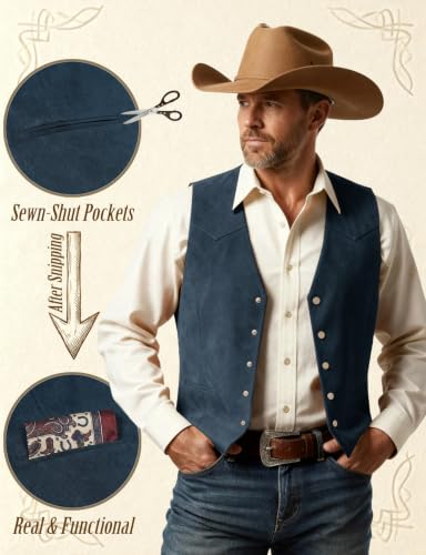 JEMITOP Men's Retro Western Cowboy Faux Suede Leather Vest - color: Navy Blue, size: X-Large