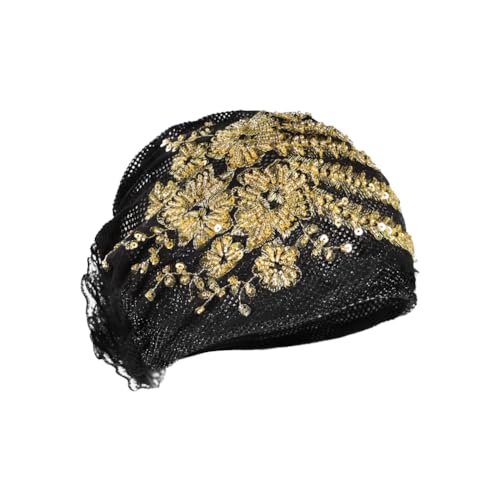 haozaikeji Women Flower Turban Hat Rhinestones Muslim Islamic Head Wrap African Pearl Turban Soft Stretchy Head Cover - color: Black-silver