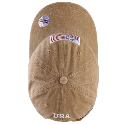 Falari USA Flag Embroidered Baseball Cap, Low Profile Adjustable Dad Hat, 100% Cotton, Pre-Washed - color: Khaki