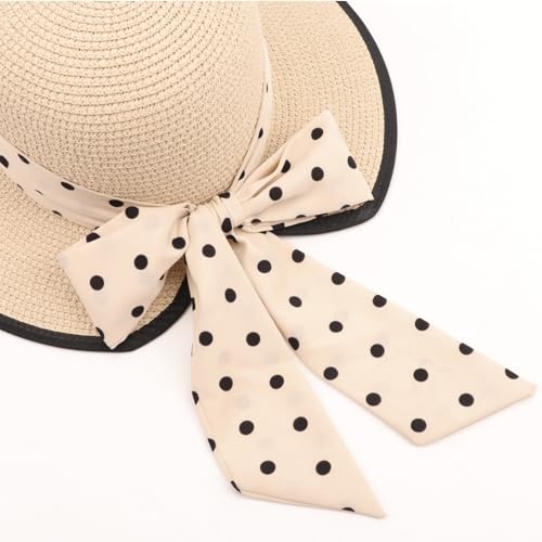 DRESHOW Sun Hats for Women Travel Fedora Foldable Beach Sun Hat Summer Wide Brim Straw Bucket Hat with Bowknot UPF 50+ - color: 1 Pack Bowknot Straw Hat: Beige With Black Trim