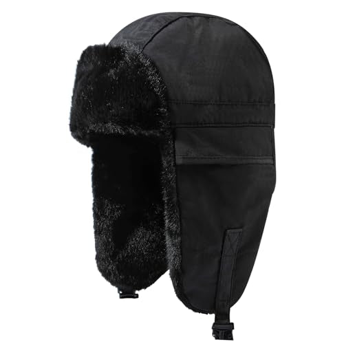 CLAPE Women Waterproof Warm Winter Hat, Soft Faux Fur Trapper Hat w/Ear Flaps, Men Outdoor Hunting Ushanka Russian Hats - color: Pl2411-black
